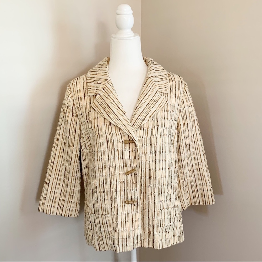 J Jill Tan Brown Stripe Silk Blend Bamboo Button 3/4 Sleeve Blazer Jacket Medium